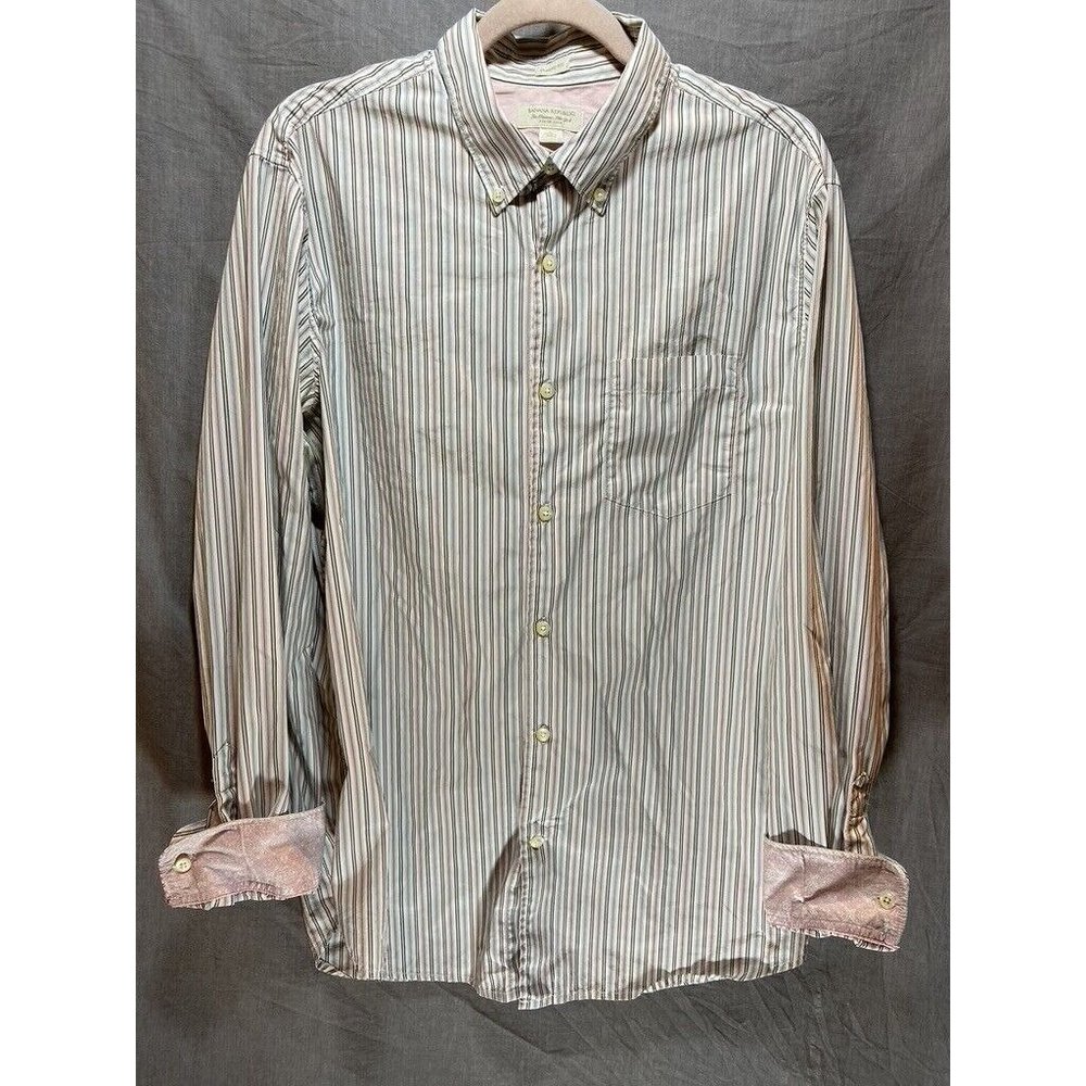 Banana Republic  Shirt Adult Large White Blue Pink‎ Striped Contrast Cuff Mens.